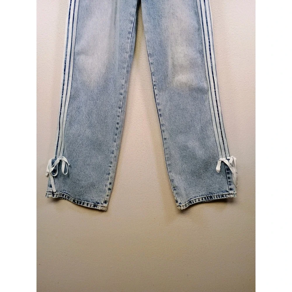 Y2K Streetwear Love Soho Womens 00 Blue Acid Wash Side Stripe‎ Ribbon Tie Jeans